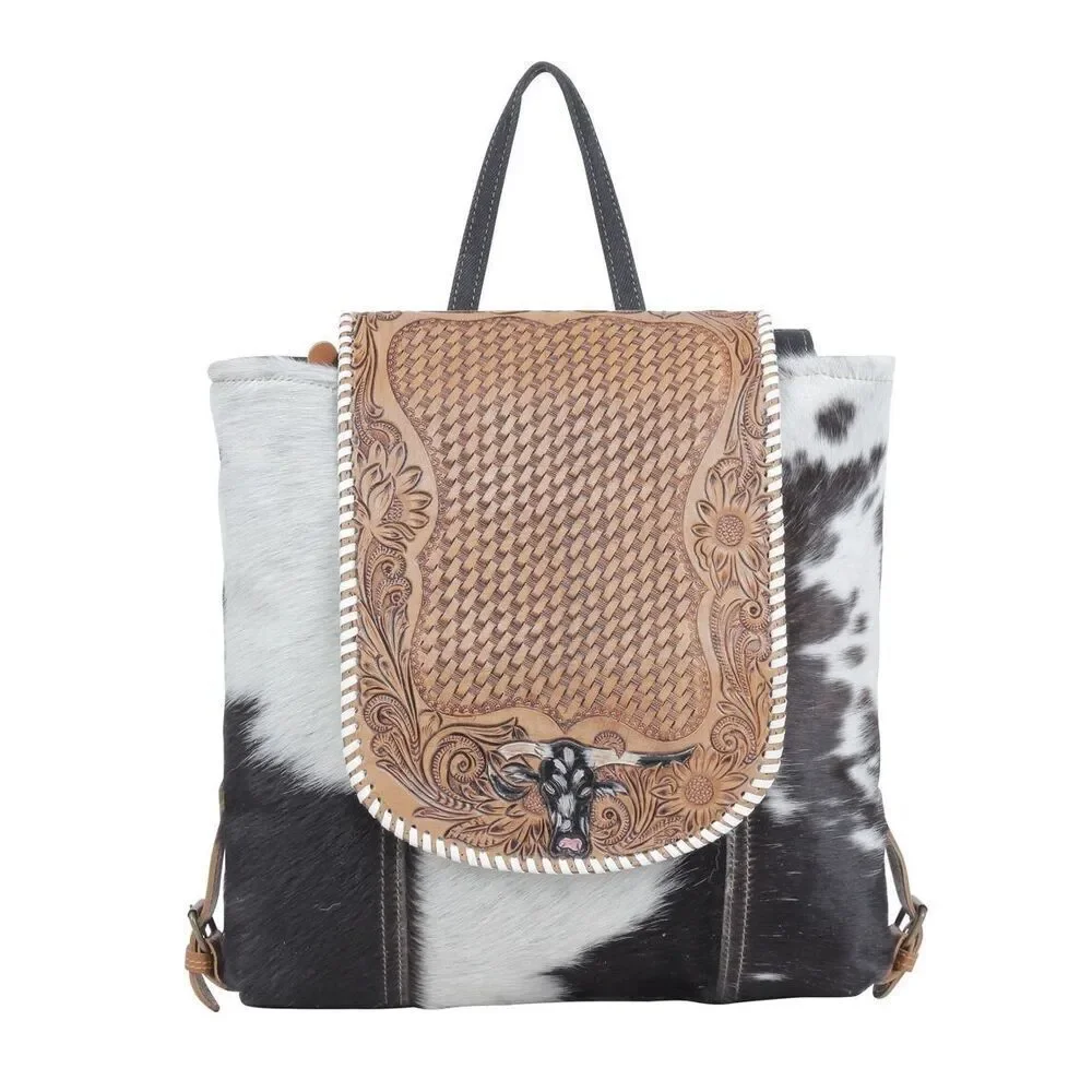 Myra Bag Handmade Padauk Hand Tooled Bag Upcycled Canvas & Cowhide Leather